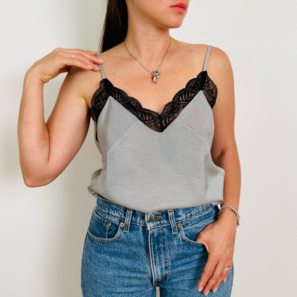 Maje Top Tank Camisole Black White Lace Sleeveless V-Neck